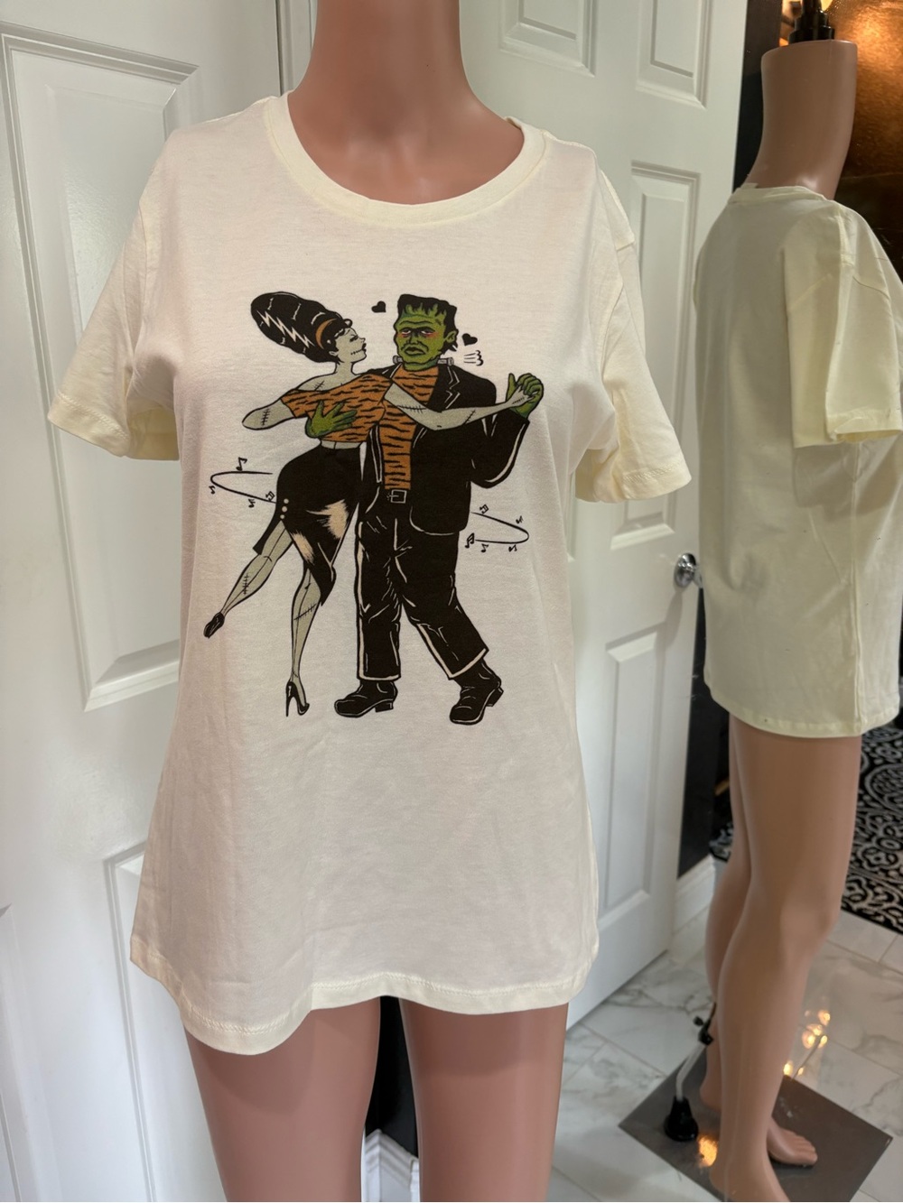 Pinup Rockabilly Cream Tee with Green & Black Monster Dance Print